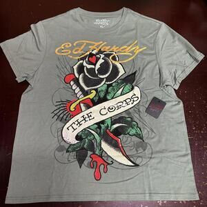 Ed Hardy, light Green, black Rose rhinestone graphic T-shirt, XL